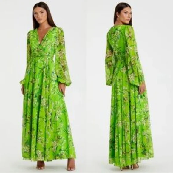 Ienna for Mac Duggal Floral Long Sleeve Chiffon A-Line Gown Sz 14 NWT 56013 - Picture 1 of 14